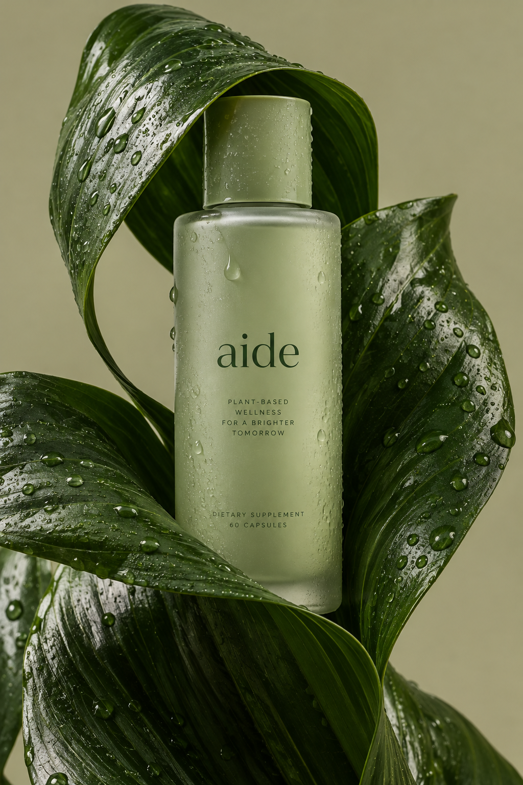 Aide supplement bottle wrapped in dewy green leaves